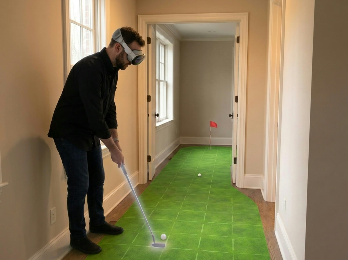 A player wearing Apple Vision Pro swings a virtual putter on a green that flows through a home hallway