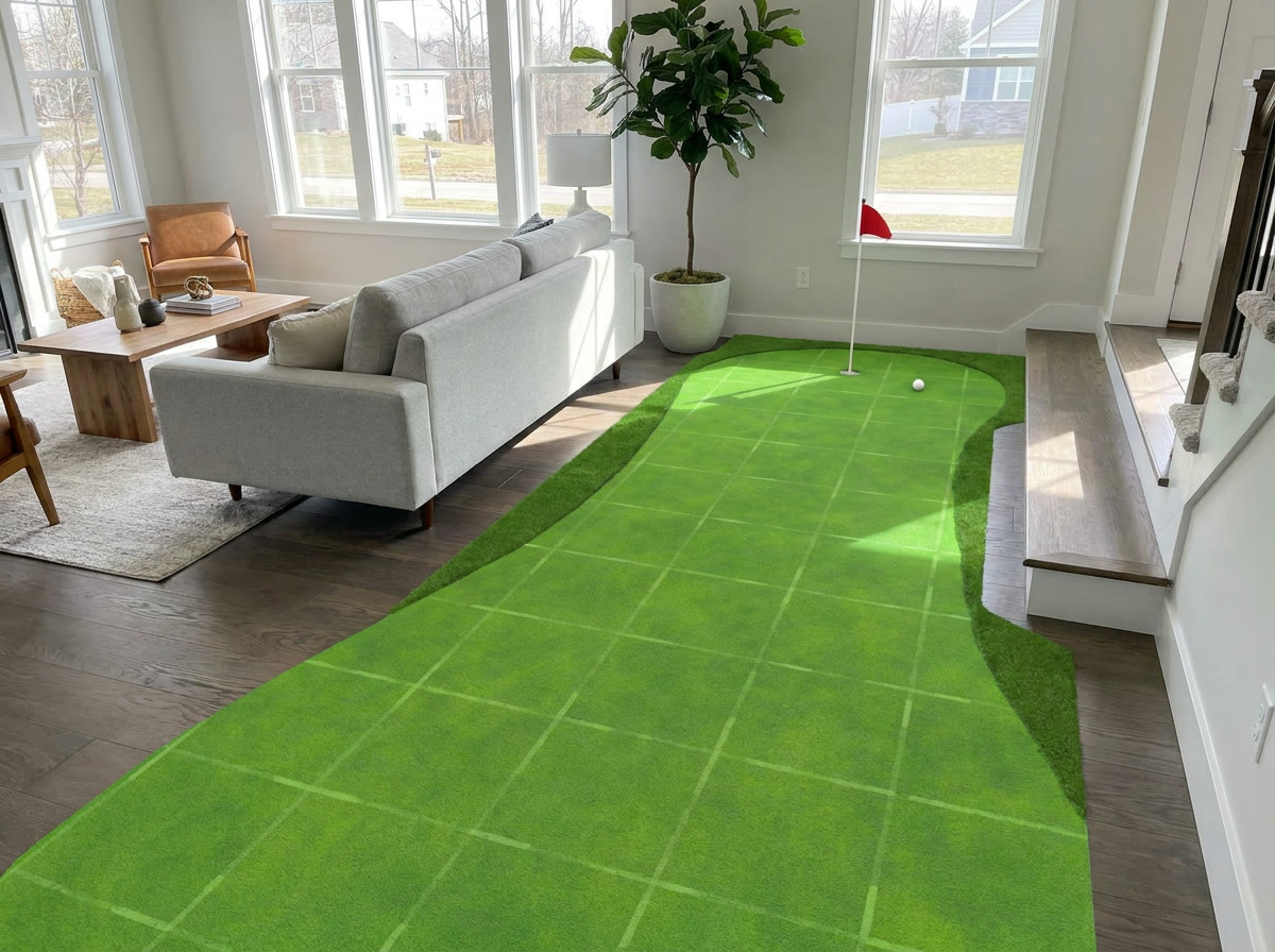 A virtual putting green blended onto a real hardwood floor