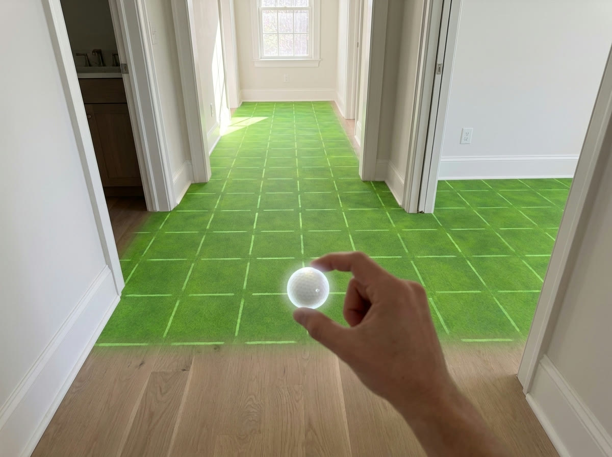 A hand pinching a glowing golf ball to place it, with a full-size virtual green appearing across a home hallway